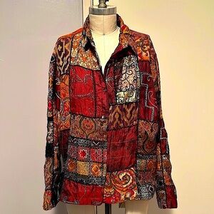 Chicos lightweight tapestry patchwork button front shirt jacket Size 2 = Large